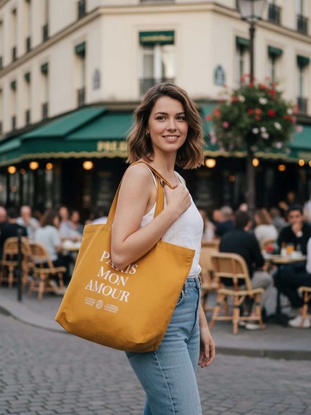 • Sezane • Mustard Yellow Canvas Tote Bag with 'Paris Mon Amour' Print